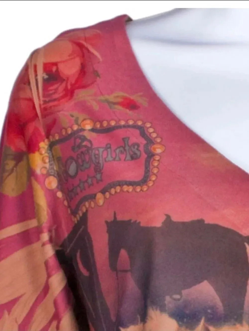 Fantazia Western Cowgirl Rose Horses Graphic Tunic Top  L Boho Rodeo Core